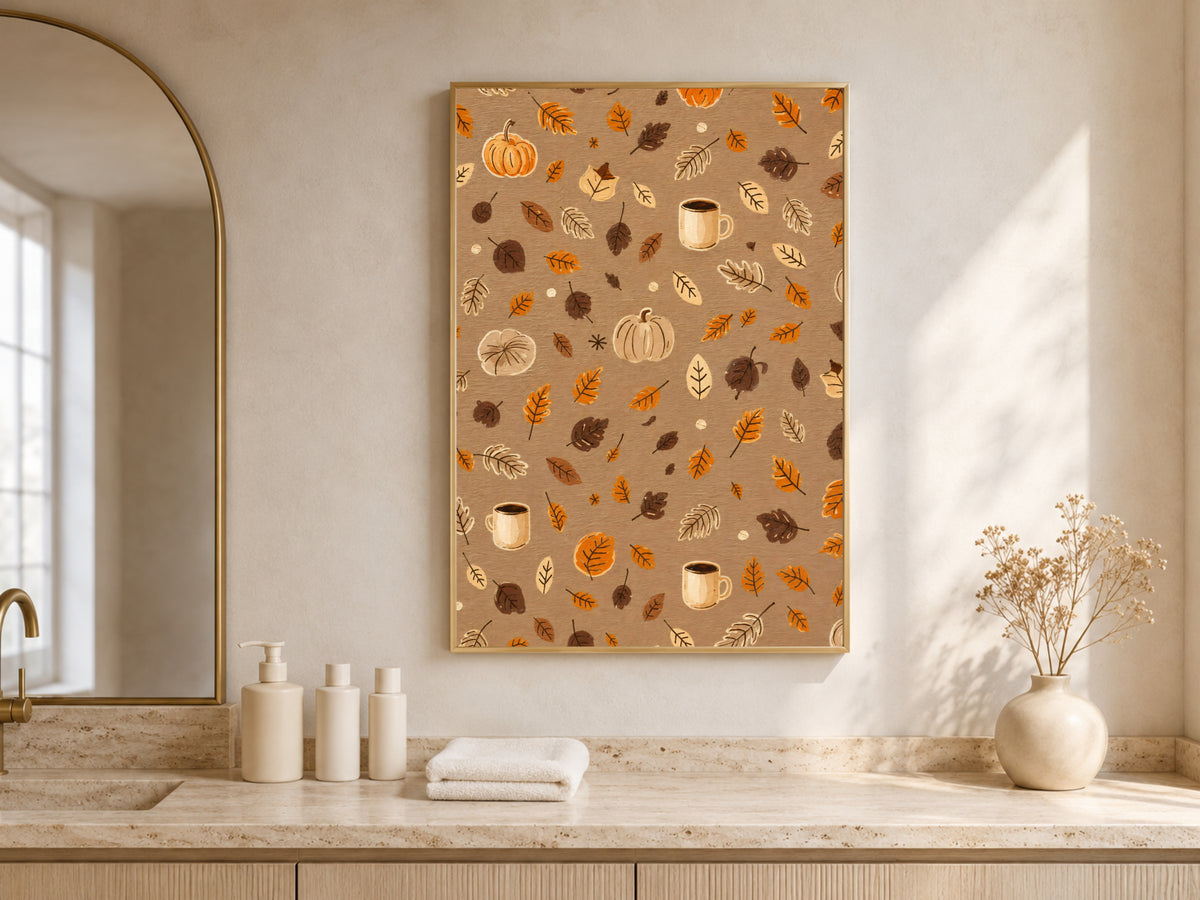 Cozy autumn pattern wall art with pumpkins and leaves above a neutral console table