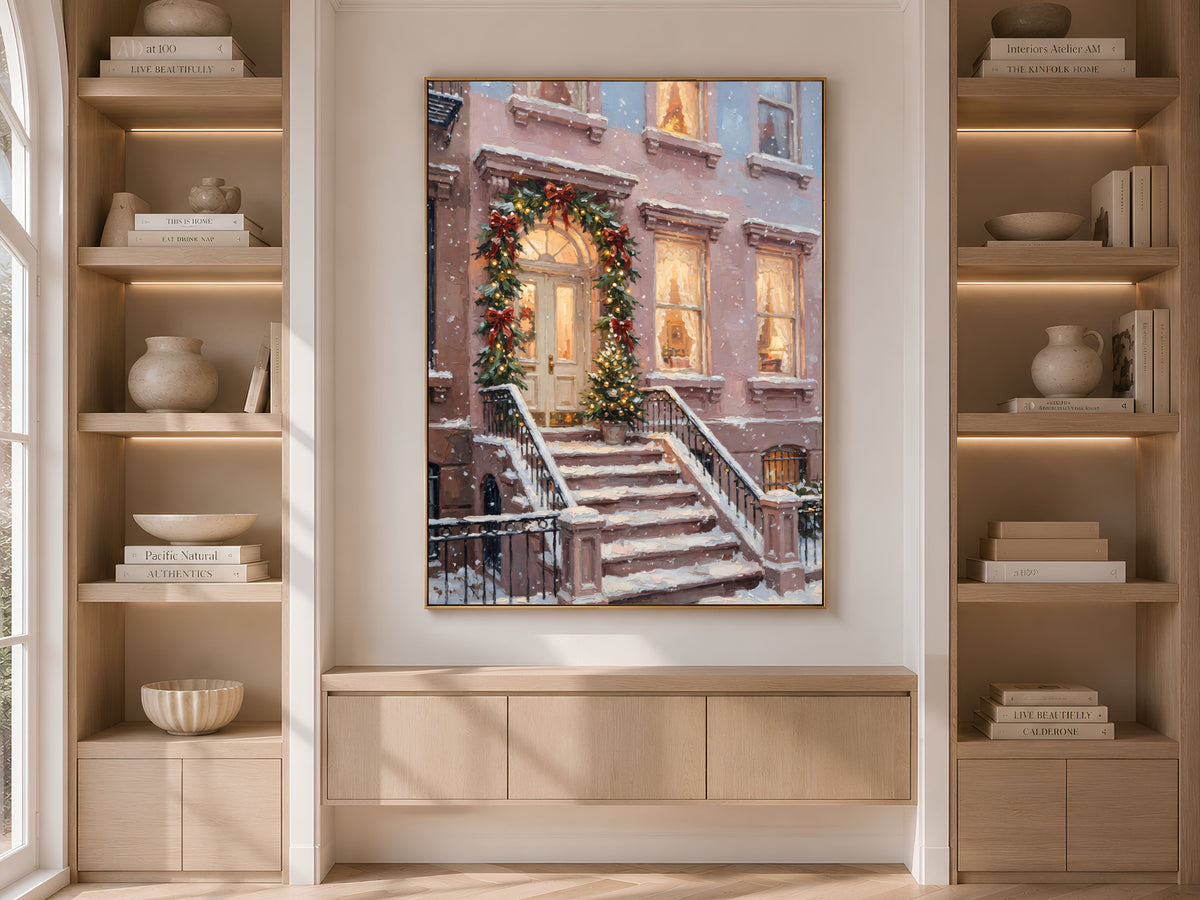 Brownstone Christmas Wall Art, NYC Stoop Print - Digital Download