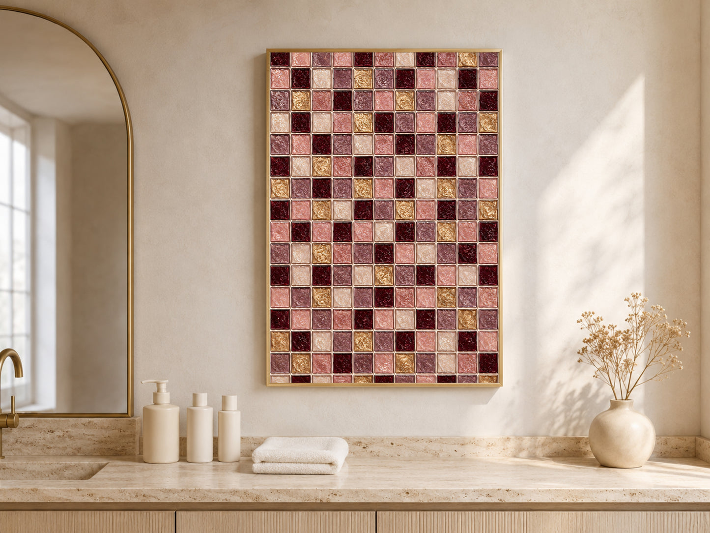 Burgundy gold mosaic wall art print framed above a bathroom vanity in an arched alcove
