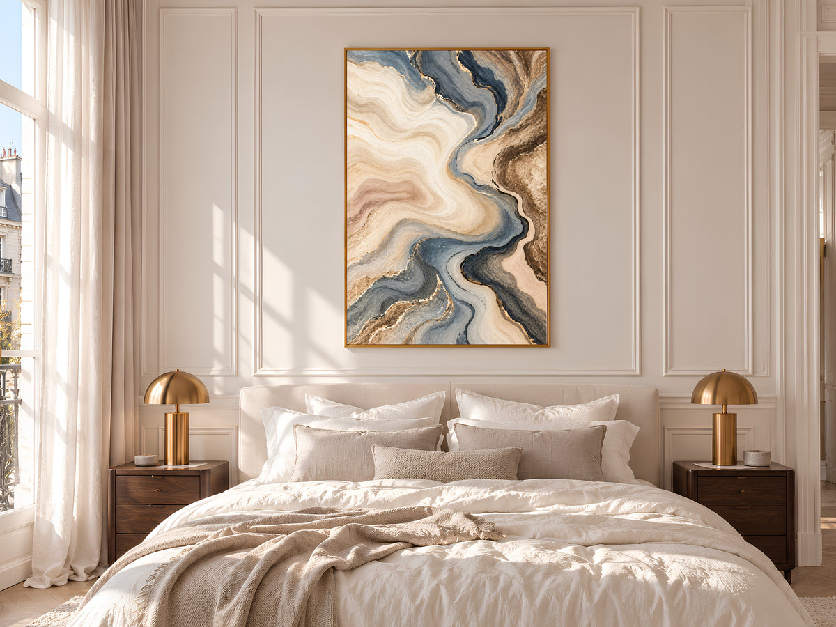 Blue Gray and Beige Abstract Wall Art, Slate Blue and Brown Marble Swirl Print with Gold Veins, Printable Neutral Decor, Digital Download