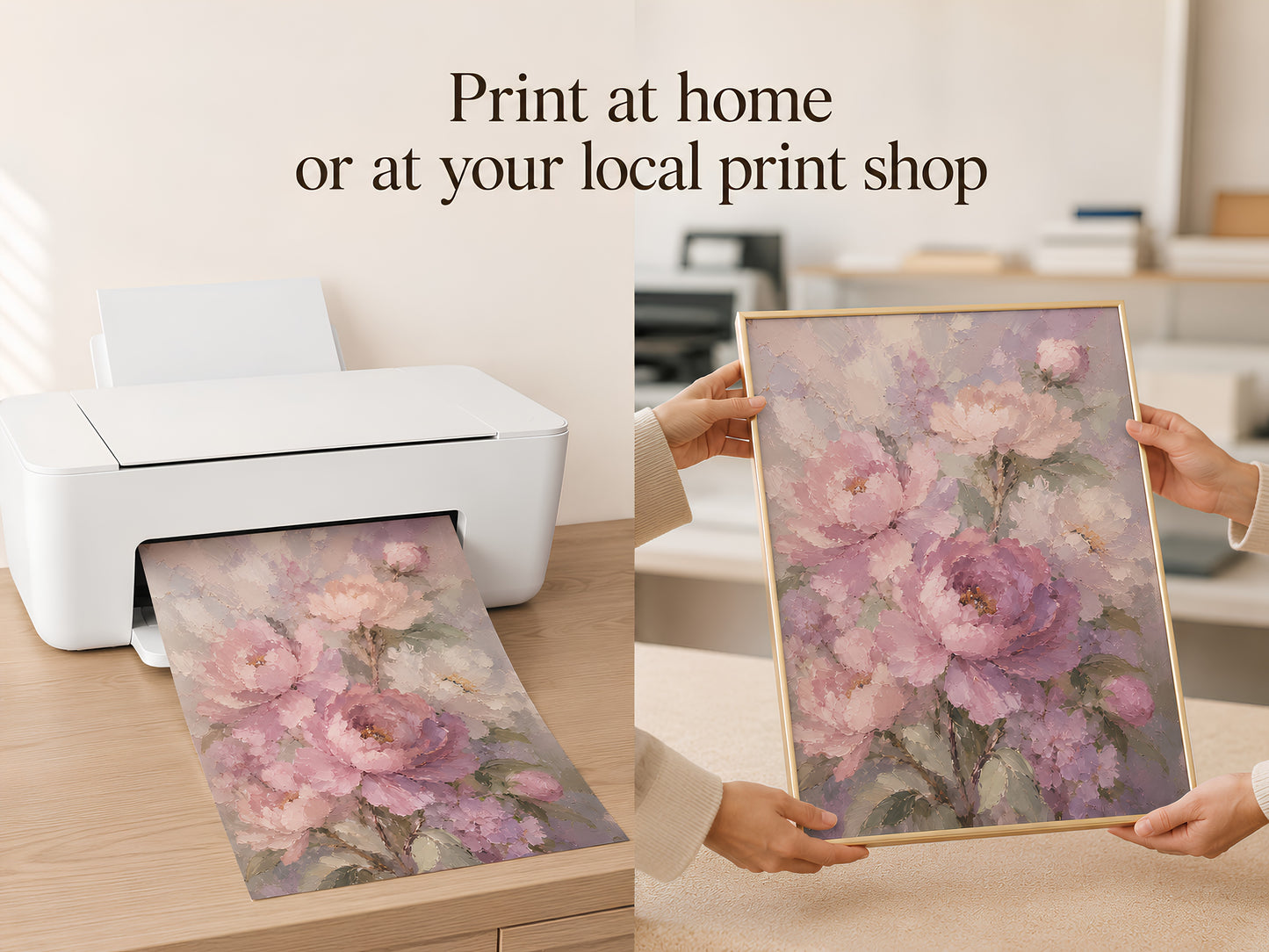 Print at home or at your local print shop lifestyle slide showing hands pulling the blush peony art print from a white home printer
