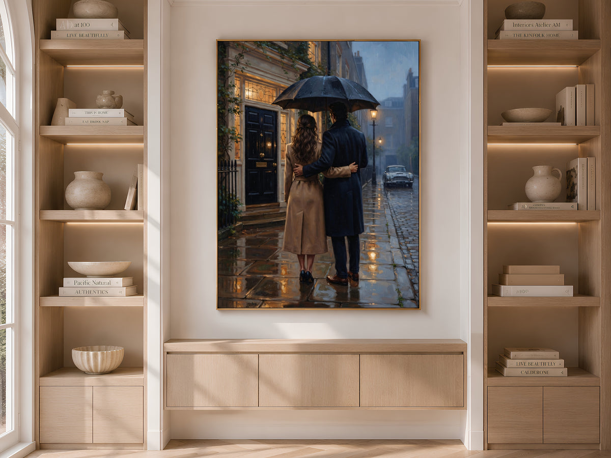 Romantic Couple Wall Art, Rainy London Street Oil Painting Print - Digital Download