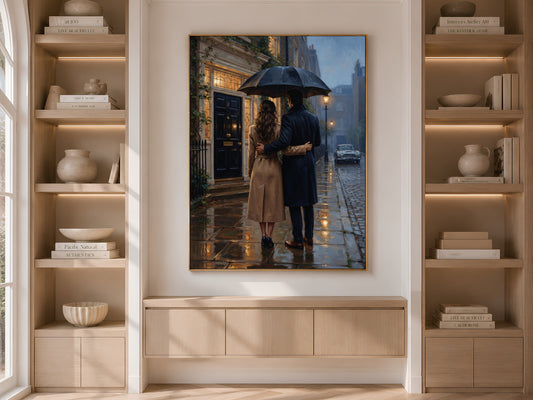 Romantic Couple Wall Art, Rainy London Street Oil Painting Print - Digital Download