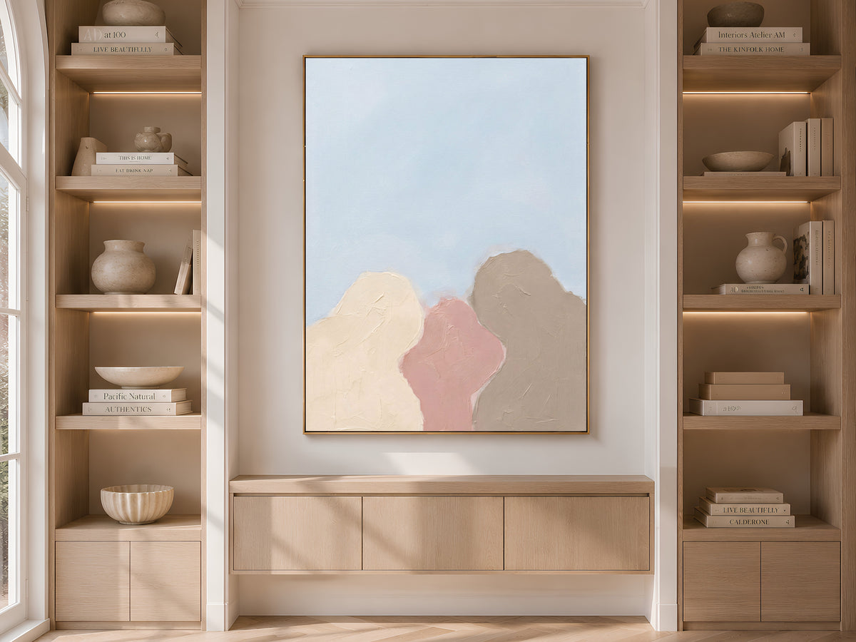 Minimalist Abstract Tree Painting, Pastel Organic Shapes Wall Art, Dusty Pink Taupe Print, Sky Blue Scandi Decor, Impasto, Instant Download