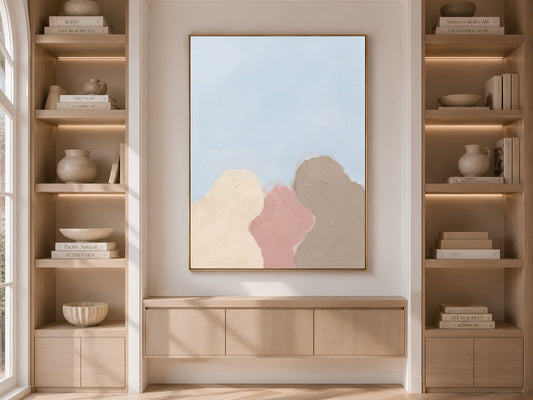 Minimalist Abstract Tree Painting, Pastel Organic Shapes Wall Art, Dusty Pink Taupe Print, Sky Blue Scandi Decor, Impasto, Instant Download