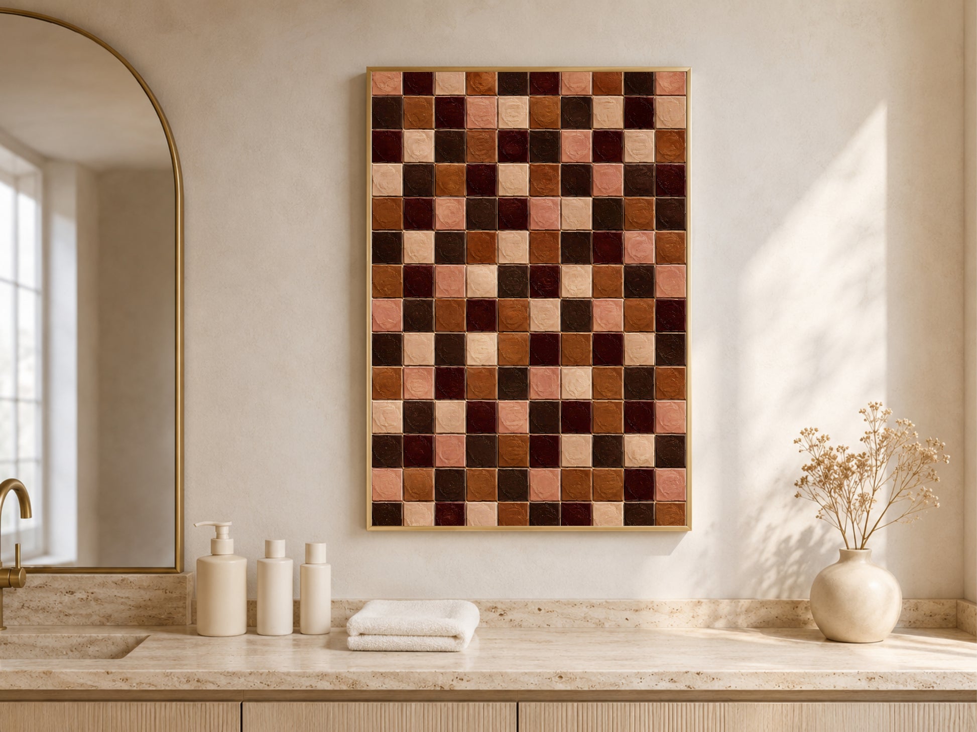 Terracotta and chocolate tile art framed above a bathroom vanity counter with candles