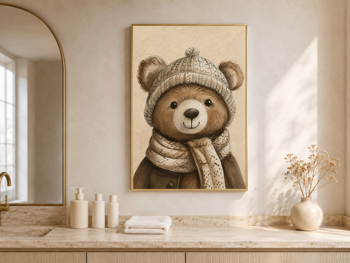 Winter teddy bear wall art with knit hat above a bathroom vanity