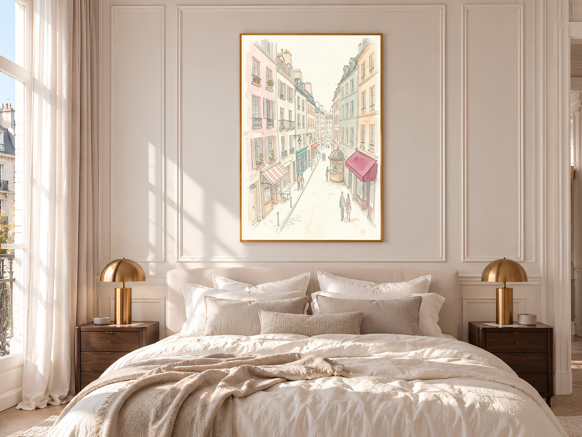 Paris Street Watercolor Print, Pastel Parisian Cafe Scene, French Wall Art, Printable Digital Download