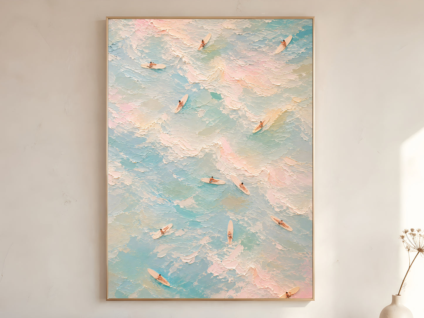 Pastel aerial surf poster oil painting in gold frame leaning against a white wall with dried florals