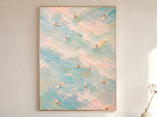 Pastel aerial surf poster oil painting in gold frame leaning against a white wall with dried florals