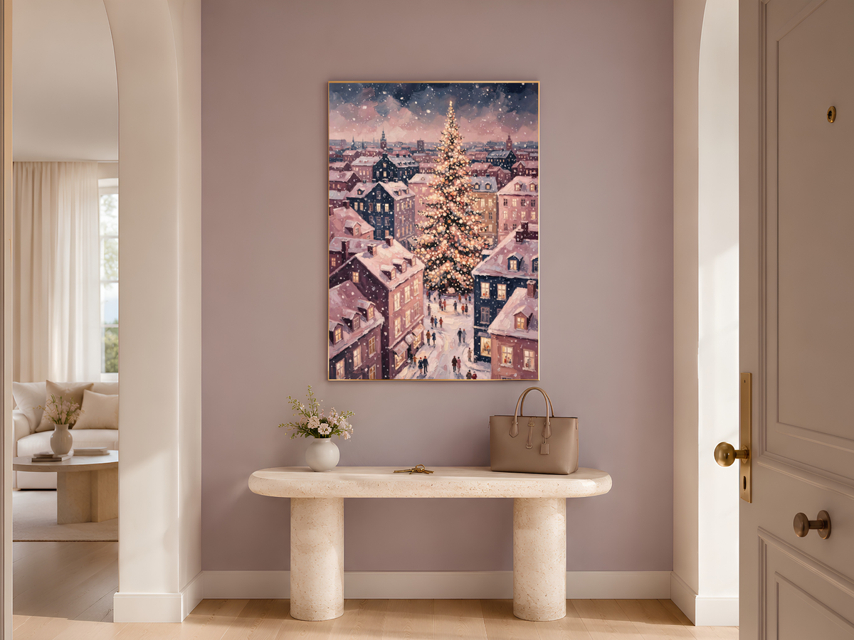 European Christmas Village Wall Art, Snowy Town Square Print - Digital Download