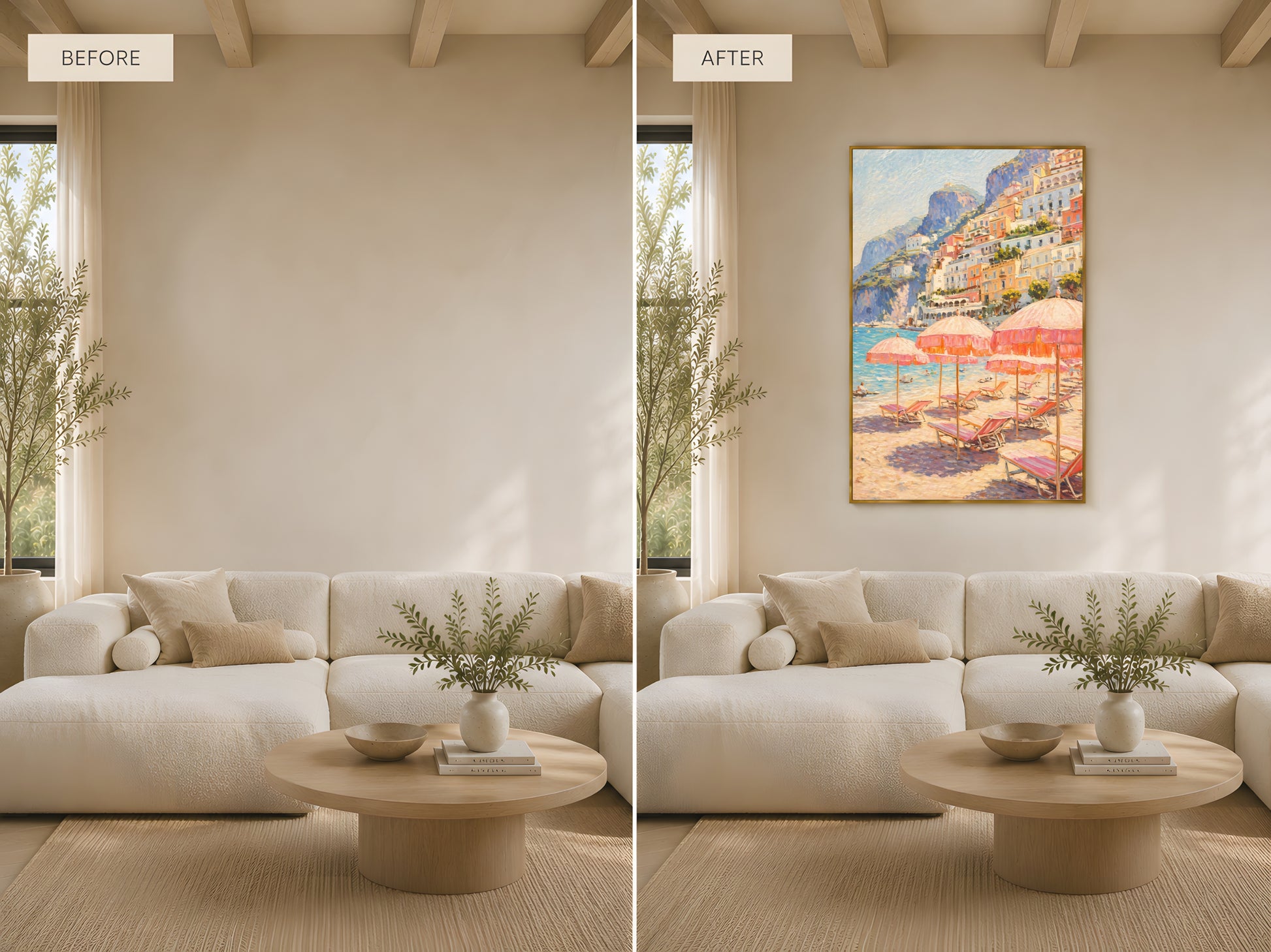 Before and after living room wall transformation — Positano beach club impasto wall art print in gold frame above cream sofa turning a plain neutral wall into a stunning coastal statement