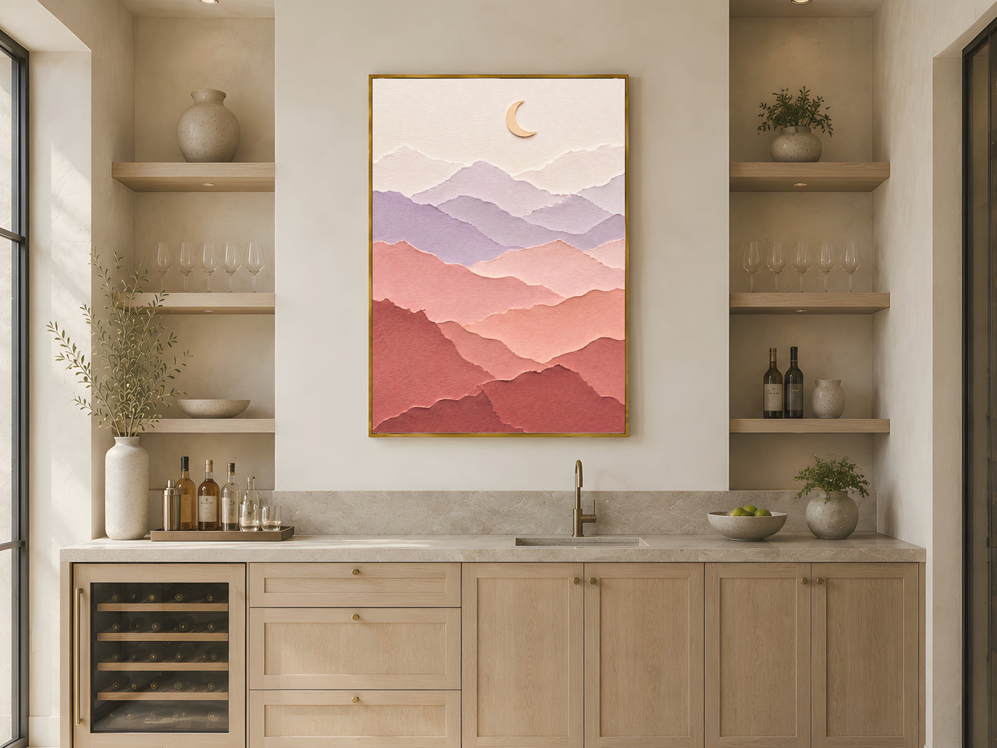 Pastel layered paper art mountain print in a gold frame above open kitchen shelving in a warm neutral Scandinavian kitchen with wood accents and ceramics
