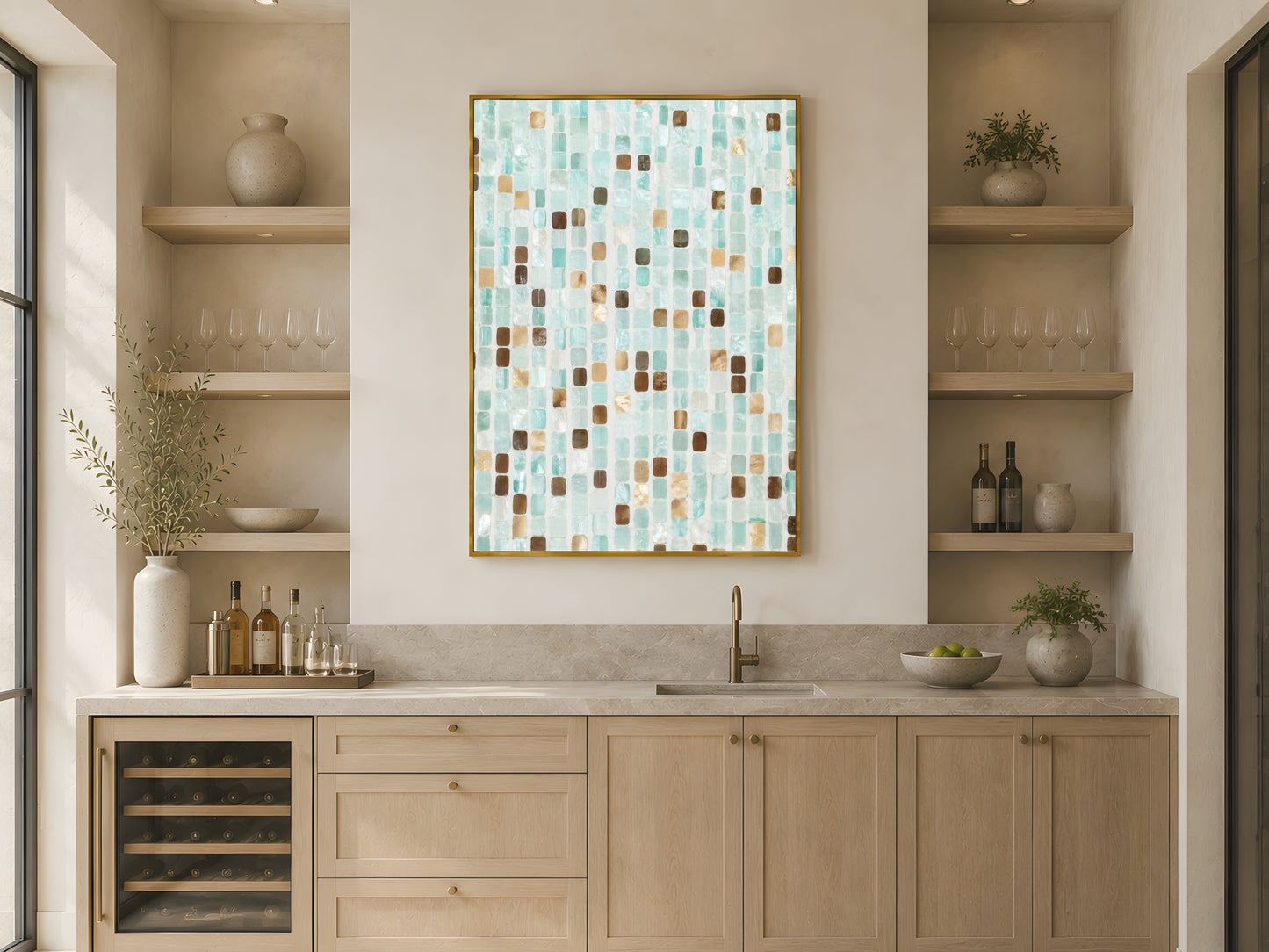 Teal mosaic coastal wall art in gold frame above open shelving in warm Japandi kitchen with light wood cabinetry and wine fridge
