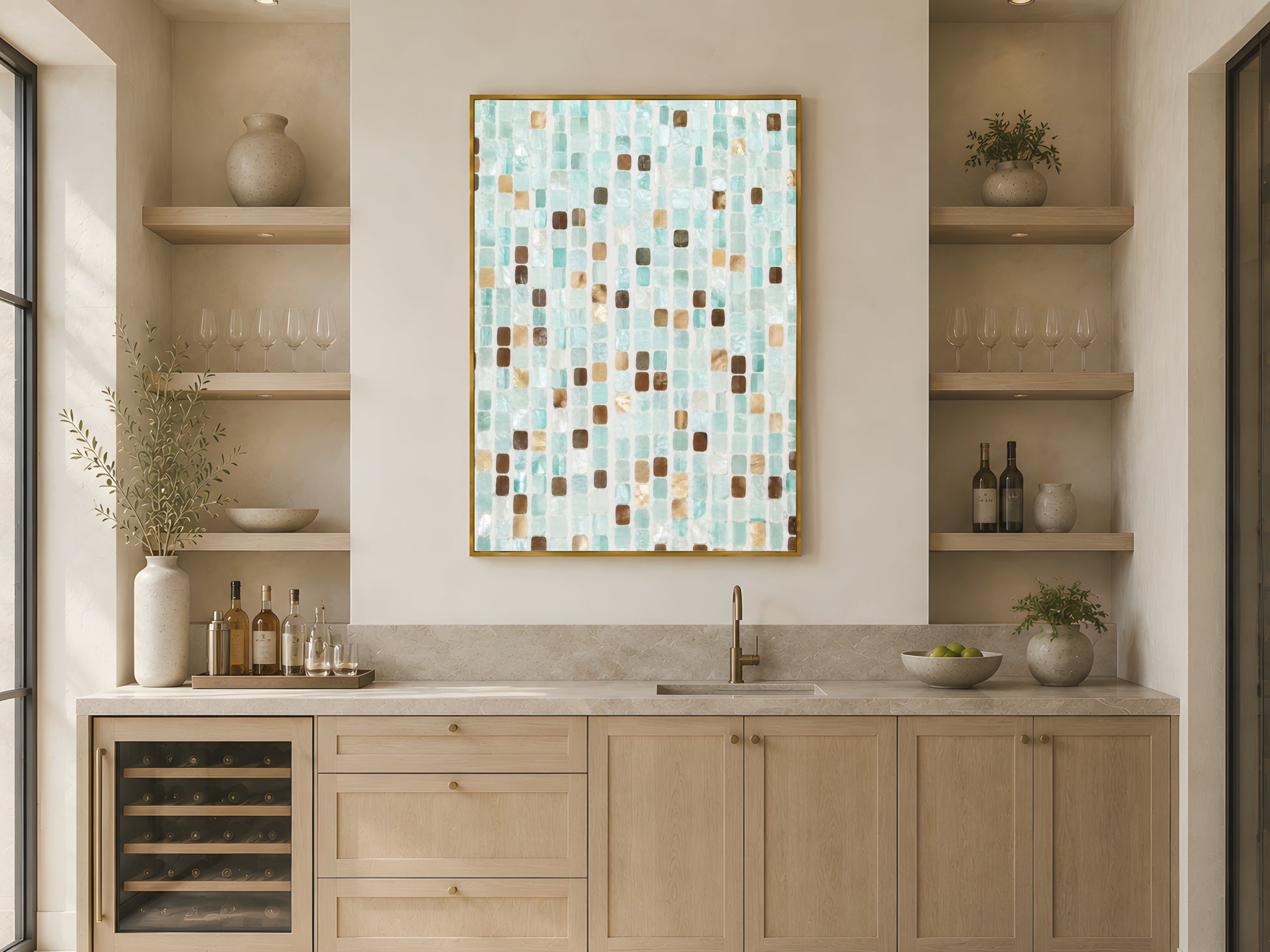 Teal mosaic coastal wall art in gold frame above open shelving in warm Japandi kitchen with light wood cabinetry and wine fridge

