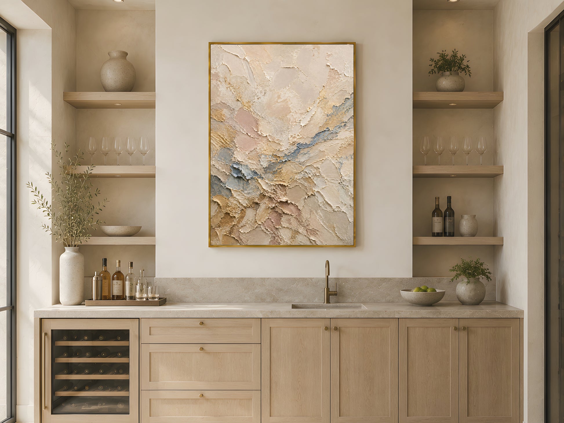 Neutral abstract impasto wall art print in a gold frame above open kitchen shelving in a warm neutral Scandinavian kitchen with wood accents and ceramics
