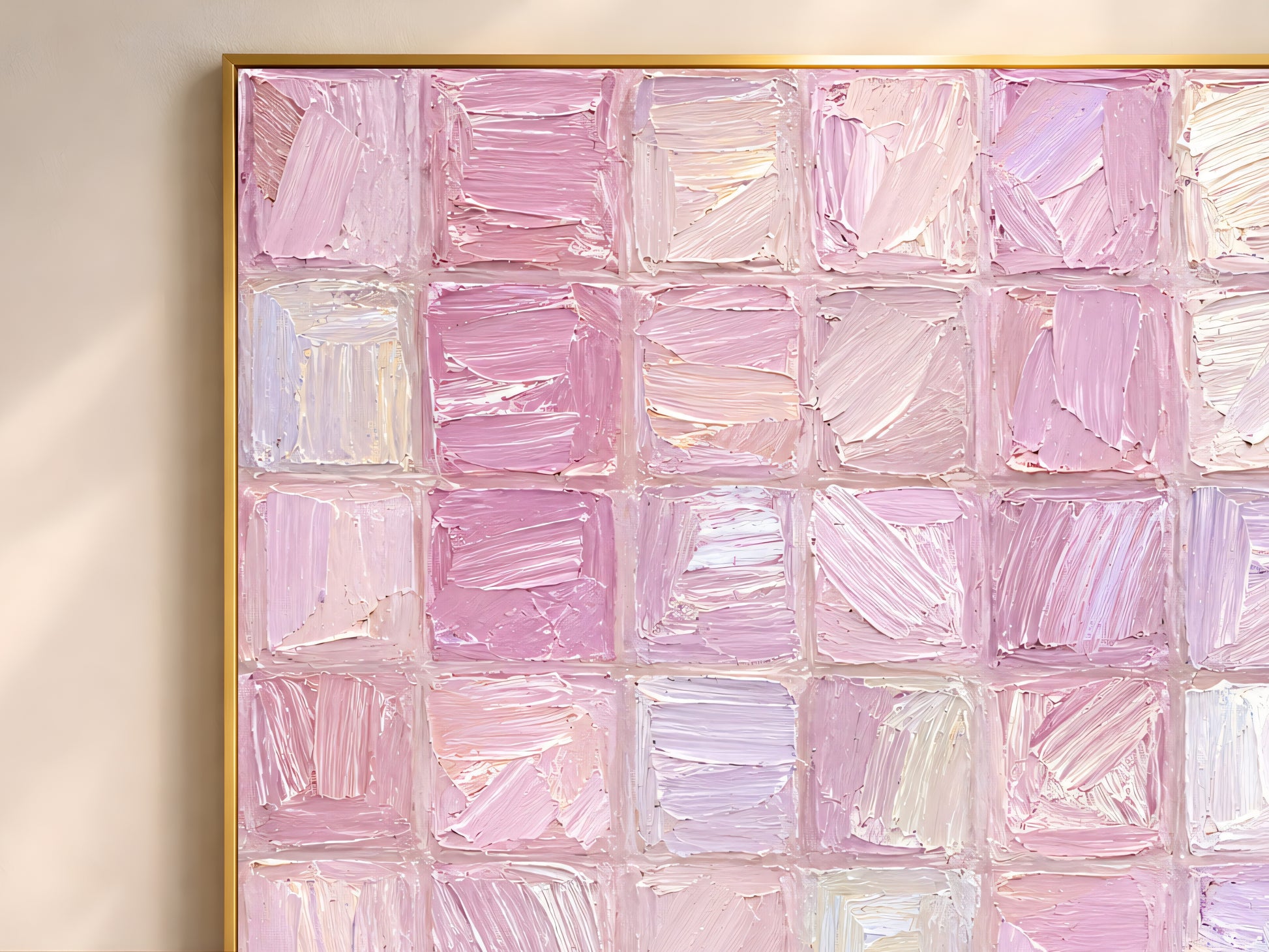Close-up detail of impasto texture showing individual pink mosaic tile squares in rose blush mauve and pearlescent tones
