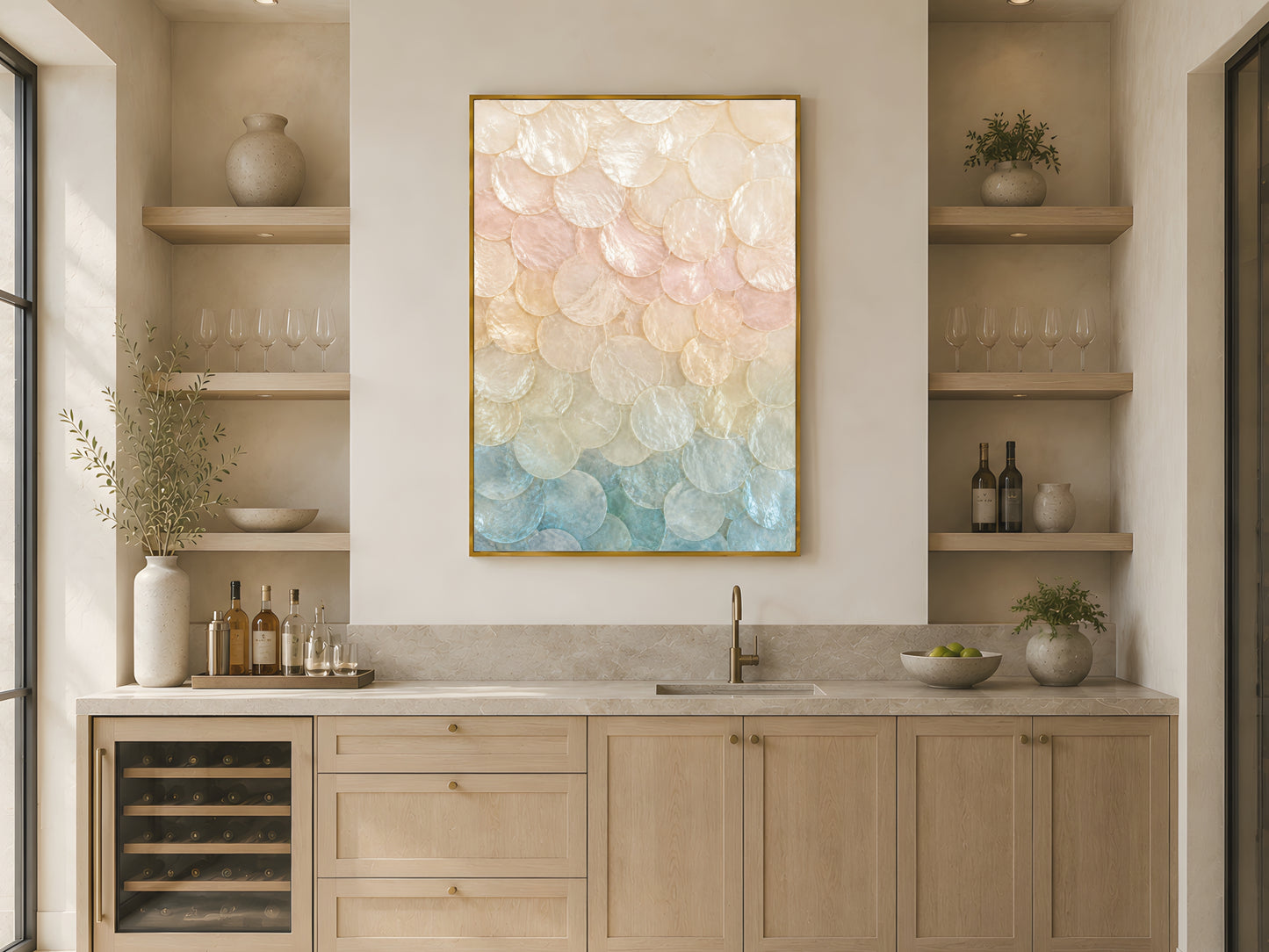 Pastel blush to teal capiz shell print in gold frame above open shelving in warm Japandi kitchen with light wood cabinetry and wine fridge
