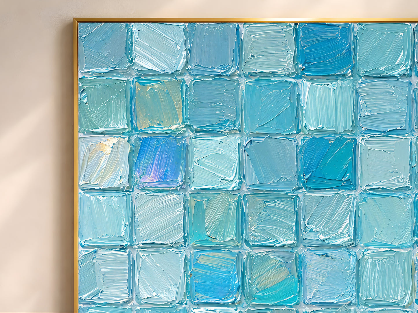 Close-up detail of impasto texture showing individual aqua teal mint and iridescent pearl blue mosaic tile squares
