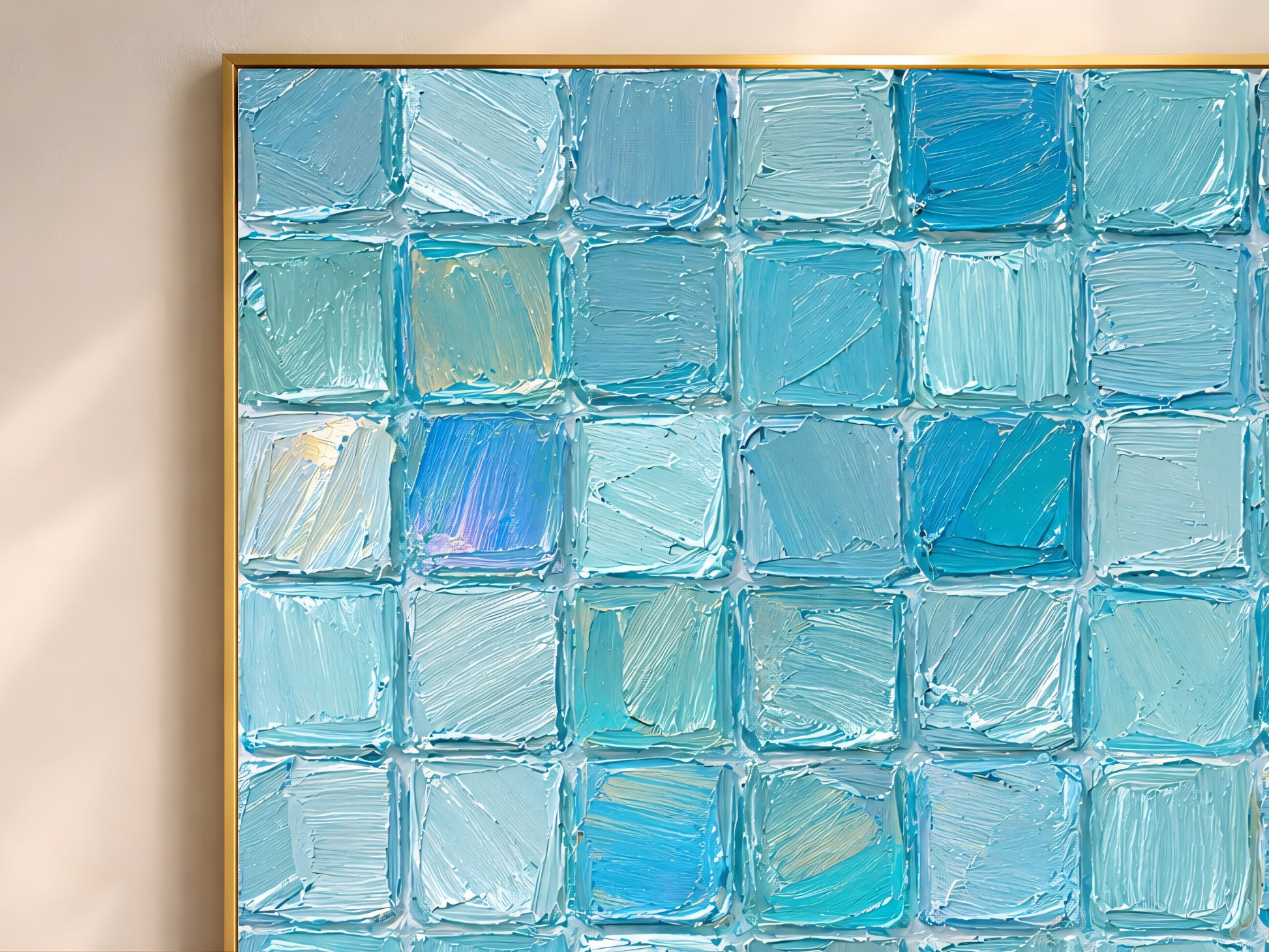 Close-up detail of impasto texture showing individual aqua teal mint and iridescent pearl blue mosaic tile squares
