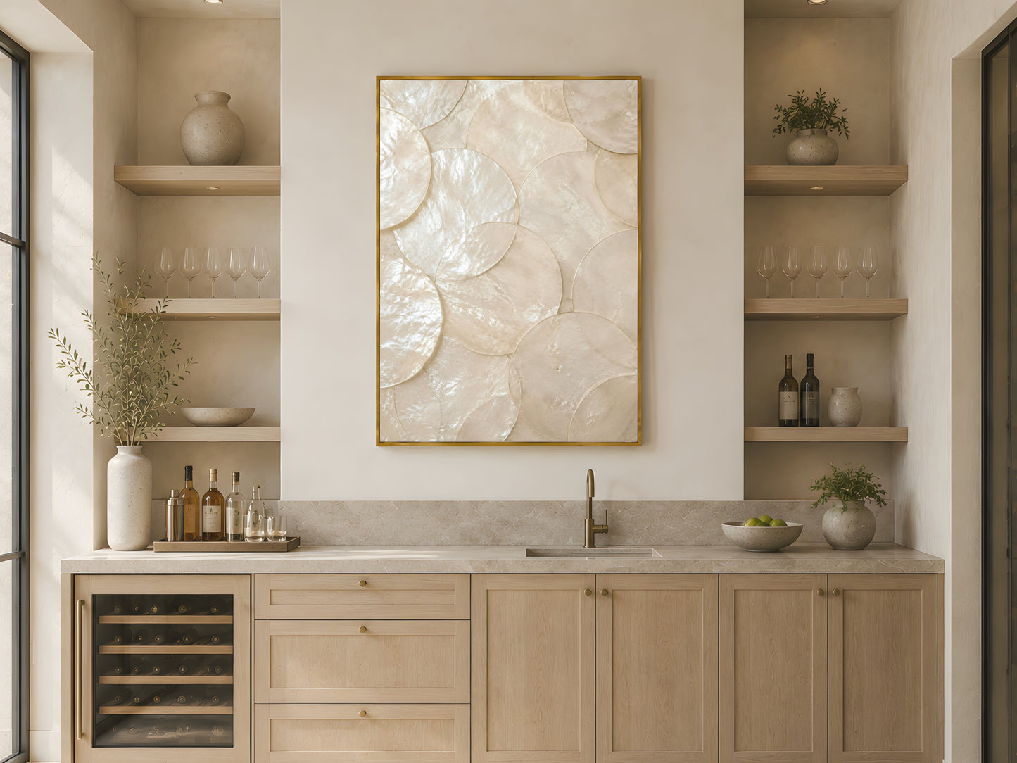Large capiz shell ivory print in gold frame above open shelving in warm Japandi kitchen with light wood cabinetry and wine fridge
