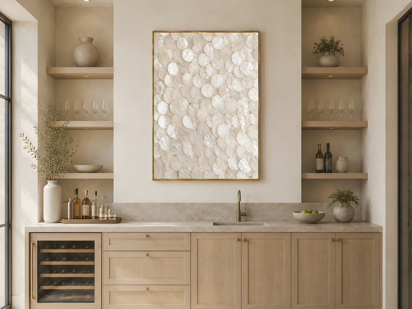 Capiz shell pearlescent wall art print in gold frame above open shelving in warm Japandi kitchen with light wood cabinetry
