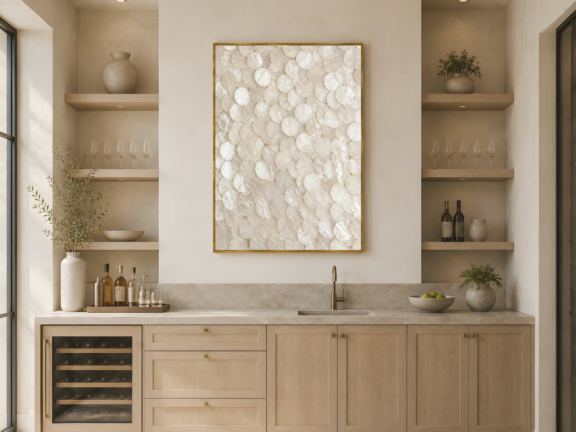 Capiz shell pearlescent wall art print in gold frame above open shelving in warm Japandi kitchen with light wood cabinetry
