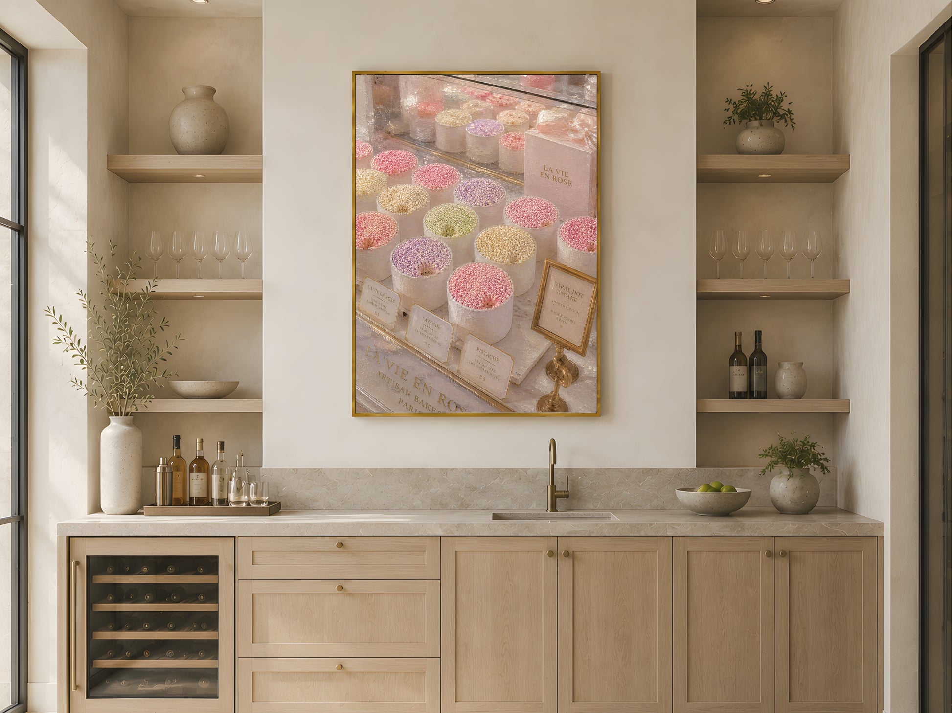 Paris bakery dot cake wall art print in a gold frame above open kitchen shelving in a warm neutral Scandinavian kitchen with wood accents and ceramics
