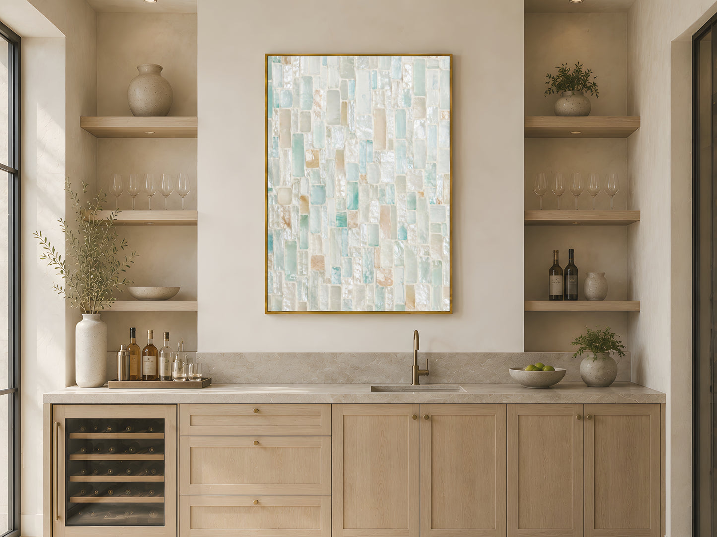 Sea glass mosaic coastal print in gold frame above open shelving in warm Japandi kitchen with light wood cabinetry and wine fridge
