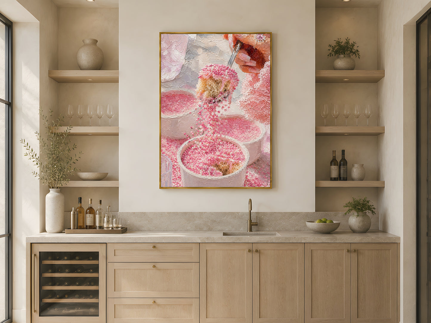 Pink dot cake impasto oil painting print in a gold frame above open kitchen shelving in a warm neutral Scandinavian kitchen with wood accents and ceramics
