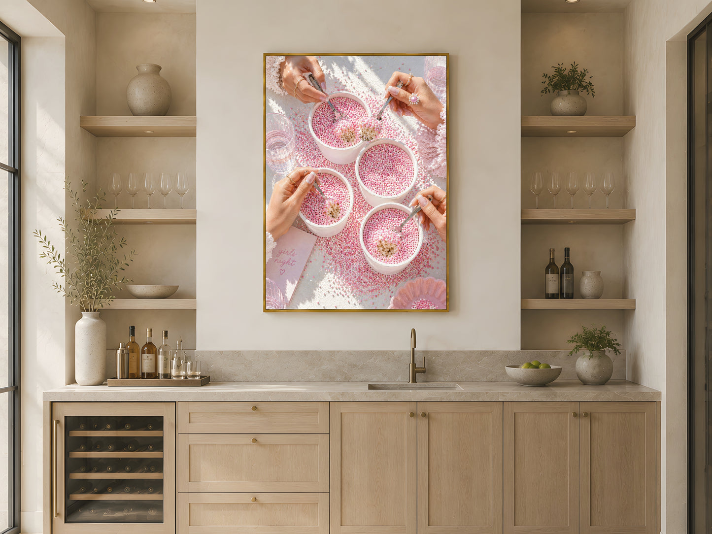 Pink coquette dot cake wall art print in a gold frame above open kitchen shelving in a warm neutral Scandinavian kitchen with wood accents and ceramics
