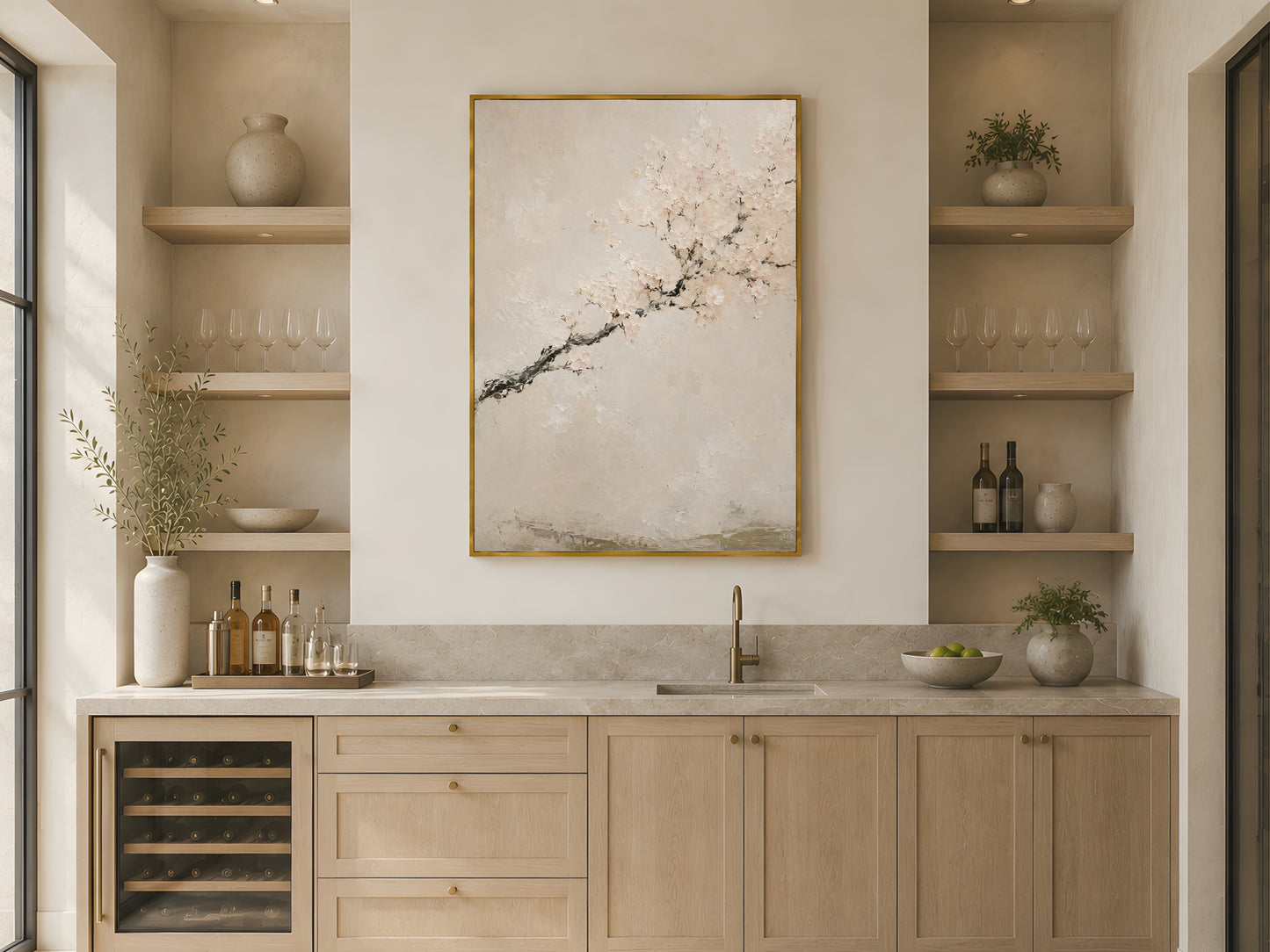 Japandi cherry blossom impasto print in a gold frame above open kitchen shelving in a warm neutral Scandinavian kitchen with wood accents
