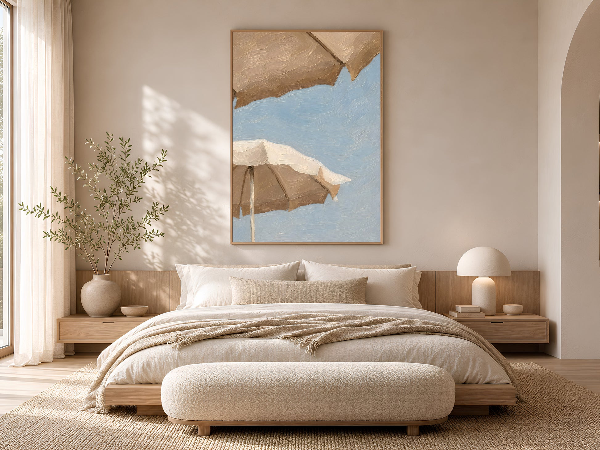 Beach umbrella wall art in a gold frame displayed in a serene Scandinavian bedroom with cream linen bedding, warm wood furniture, and soft ambient light
