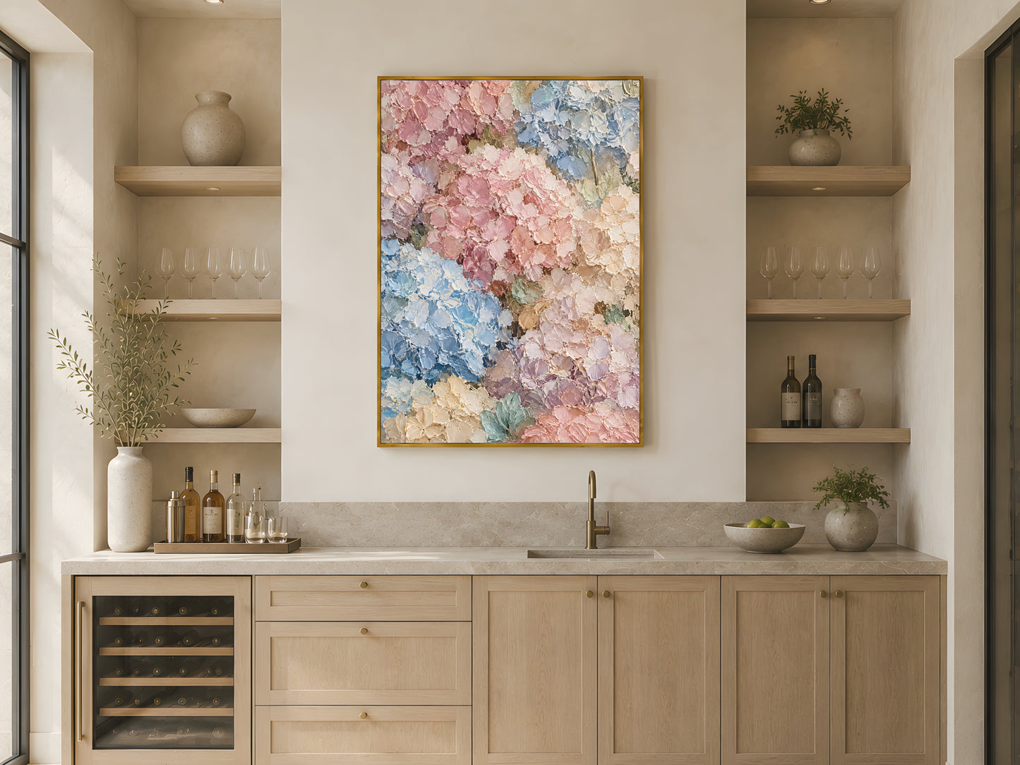 Pastel hydrangea impasto print in a gold frame above open kitchen shelving with ceramics and warm ambient light
