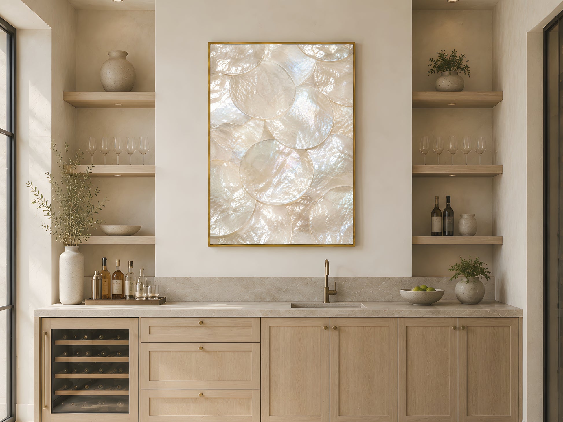 Mother of pearl iridescent shell wall art in gold frame above open shelving in warm Japandi kitchen with light wood cabinetry and wine fridge
