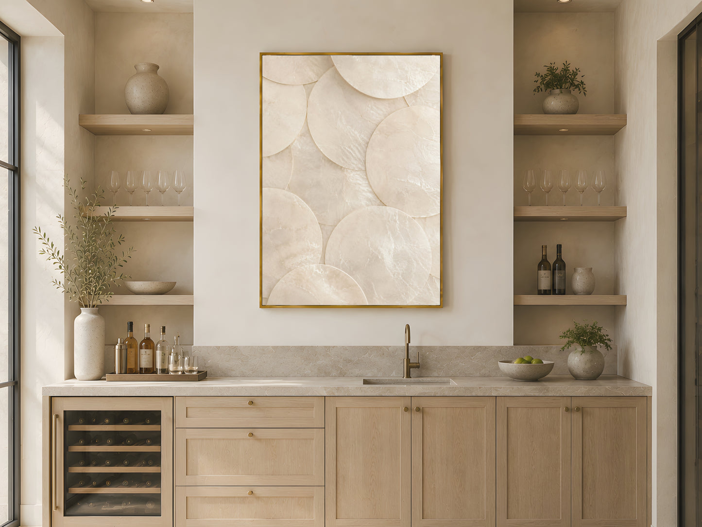 Minimalist capiz shell disc print in gold frame above open shelving in warm Japandi kitchen with light wood cabinetry and neutral accessories
