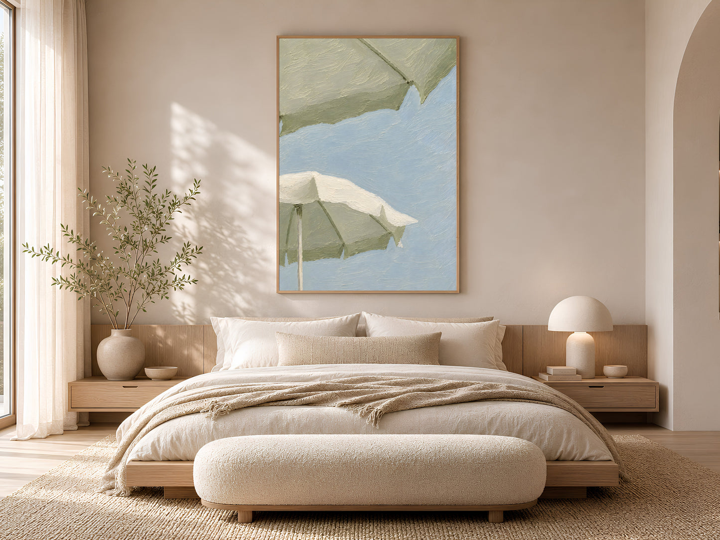 Sage green beach umbrella impasto print in a wood frame displayed in a serene Scandinavian bedroom with cream linen bedding, warm neutral tones, and soft ambient light
