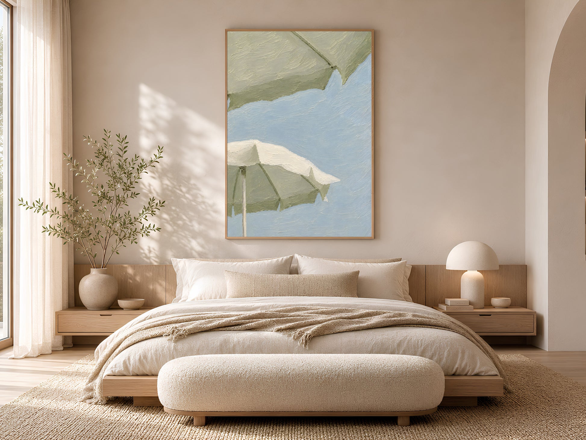 Sage green beach umbrella impasto print in a wood frame displayed in a serene Scandinavian bedroom with cream linen bedding, warm neutral tones, and soft ambient light