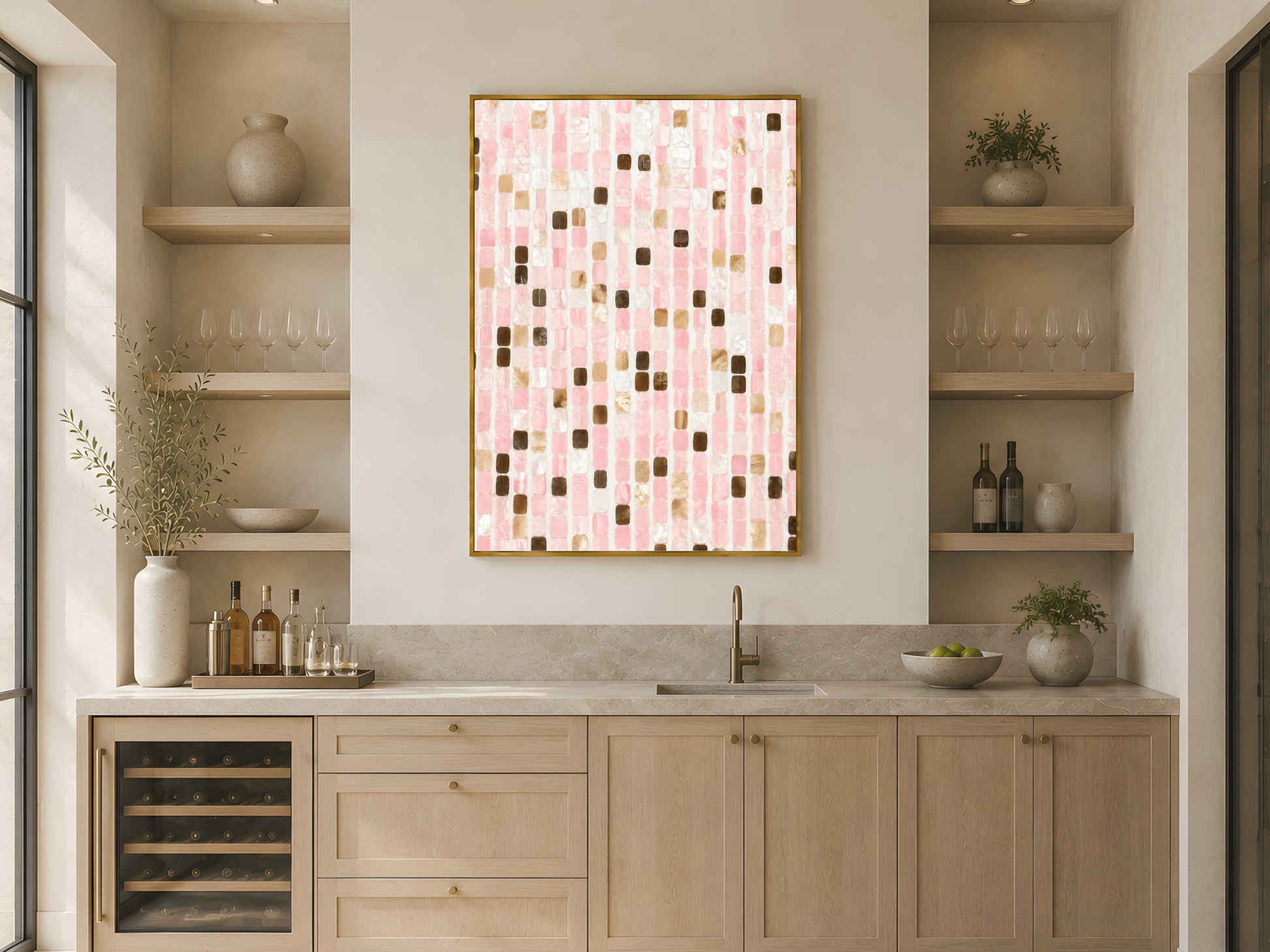 Pink mosaic tile coastal wall art in gold frame above open shelving in warm Japandi kitchen with light wood cabinetry and wine fridge
