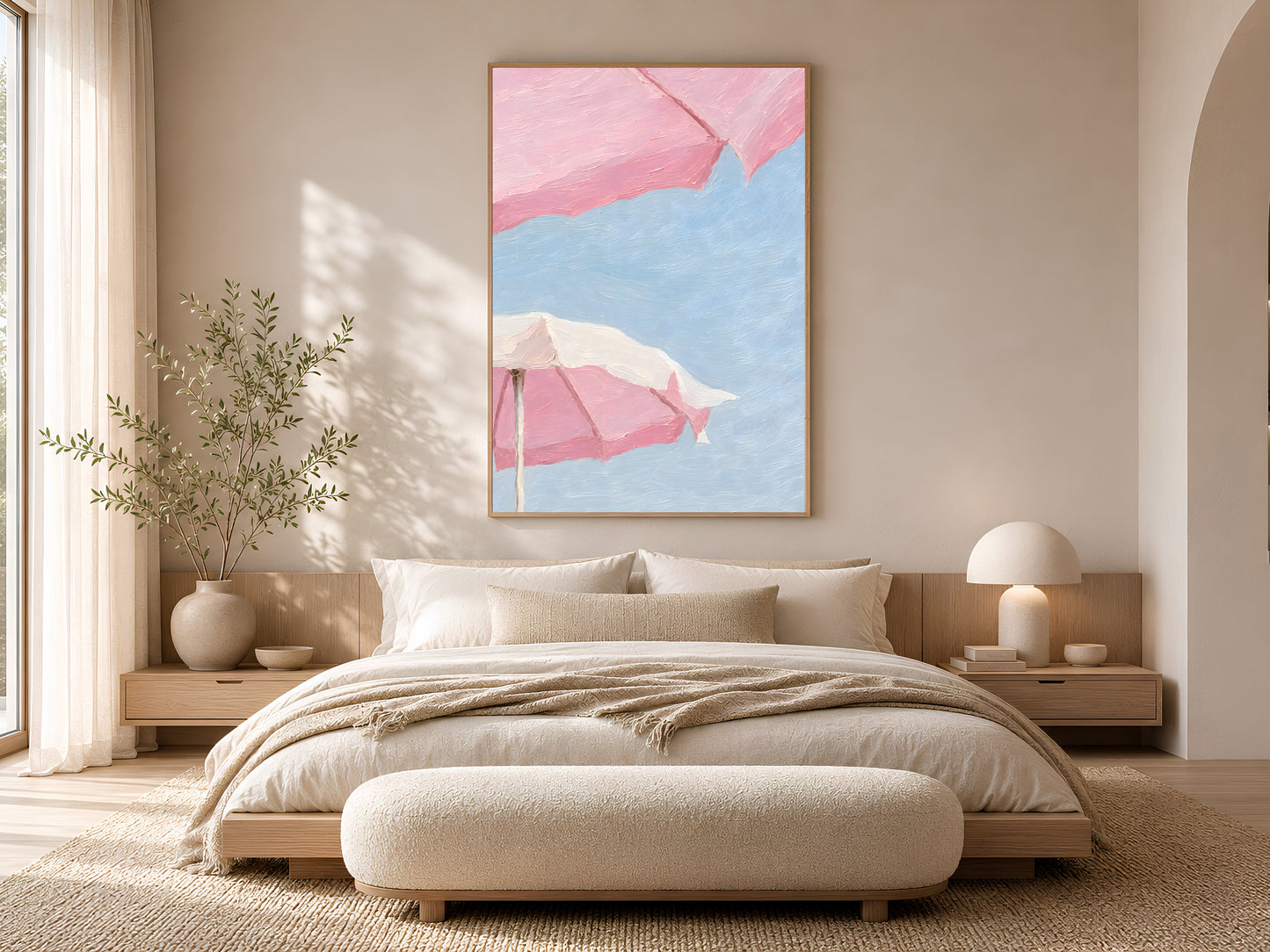 Pink beach umbrella impasto print in a wood frame displayed in a serene Scandinavian bedroom with cream linen bedding, warm neutral tones, and soft ambient light
