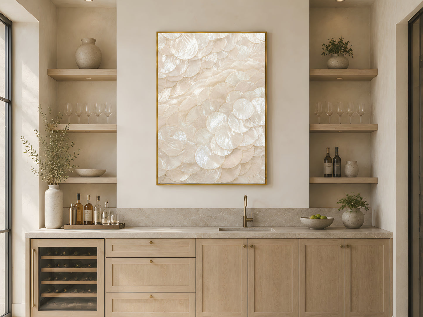 Capiz shell spiral wall art in gold frame above open shelving in warm Japandi kitchen with light wood cabinetry and wine fridge
