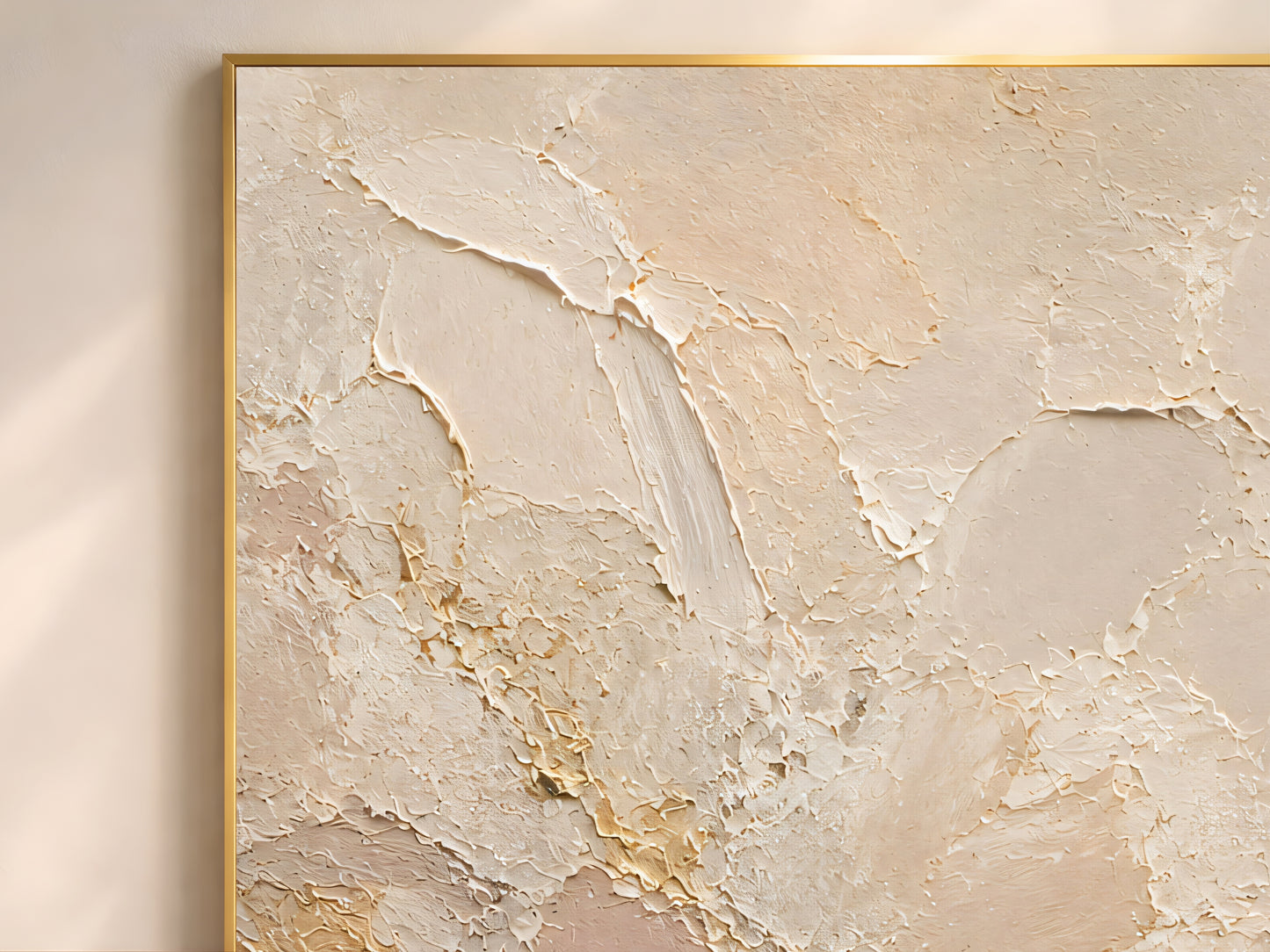 Close-up detail of neutral abstract impasto wall art print showing warm ivory palette knife texture with blush pink and slate blue accents
