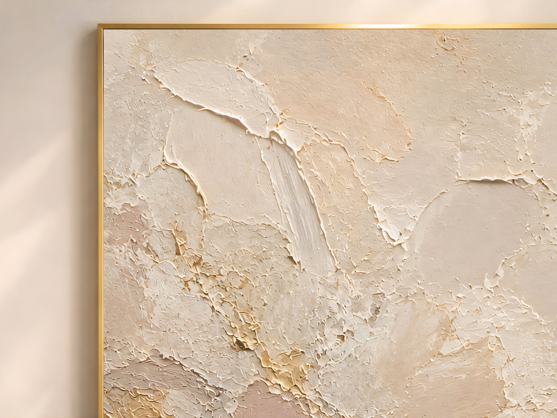Close-up detail of neutral abstract impasto wall art print showing warm ivory palette knife texture with blush pink and slate blue accents
