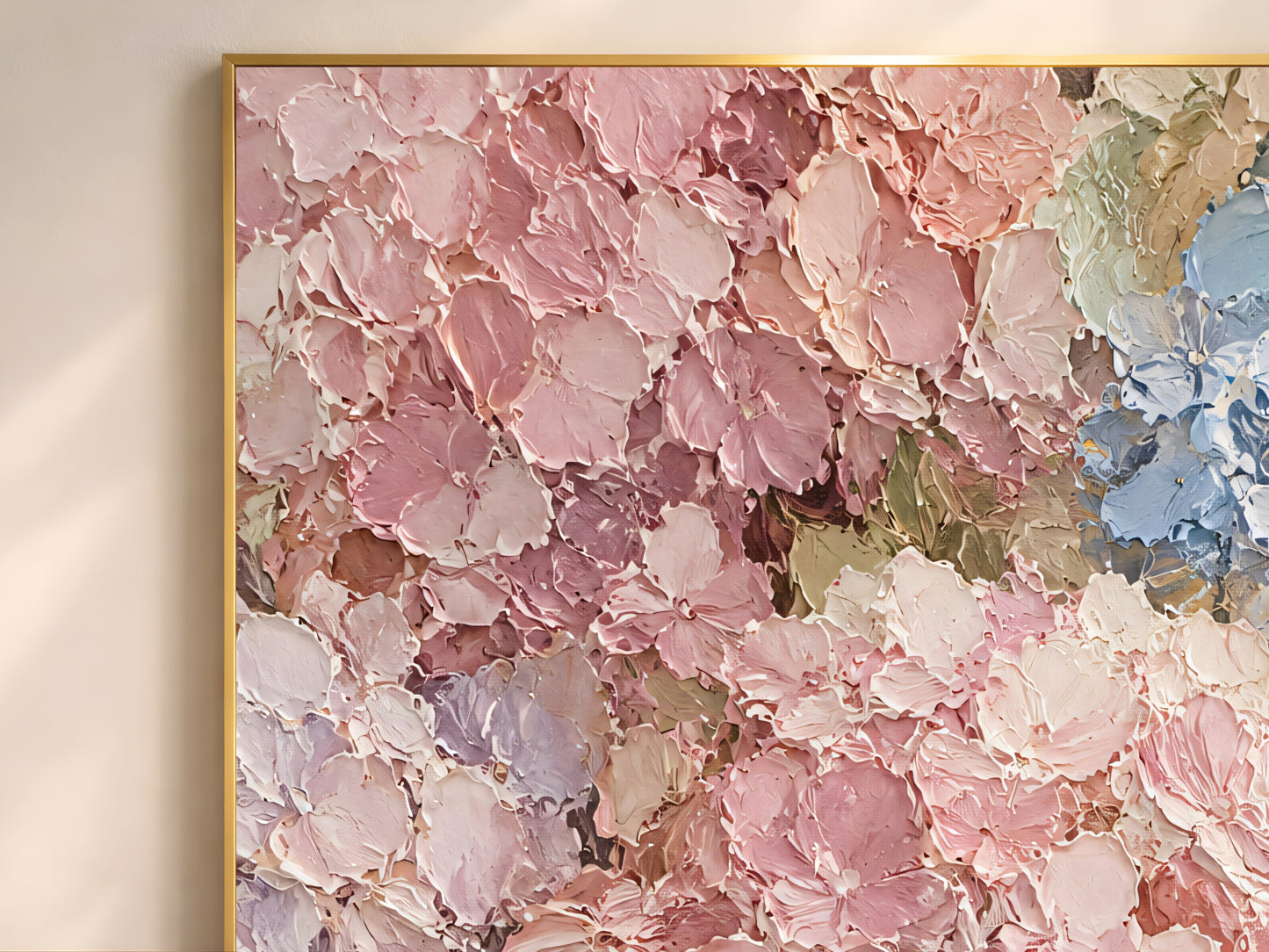 Close-up detail of pastel hydrangea impasto print showing pink and blush petals with heavy palette knife texture
