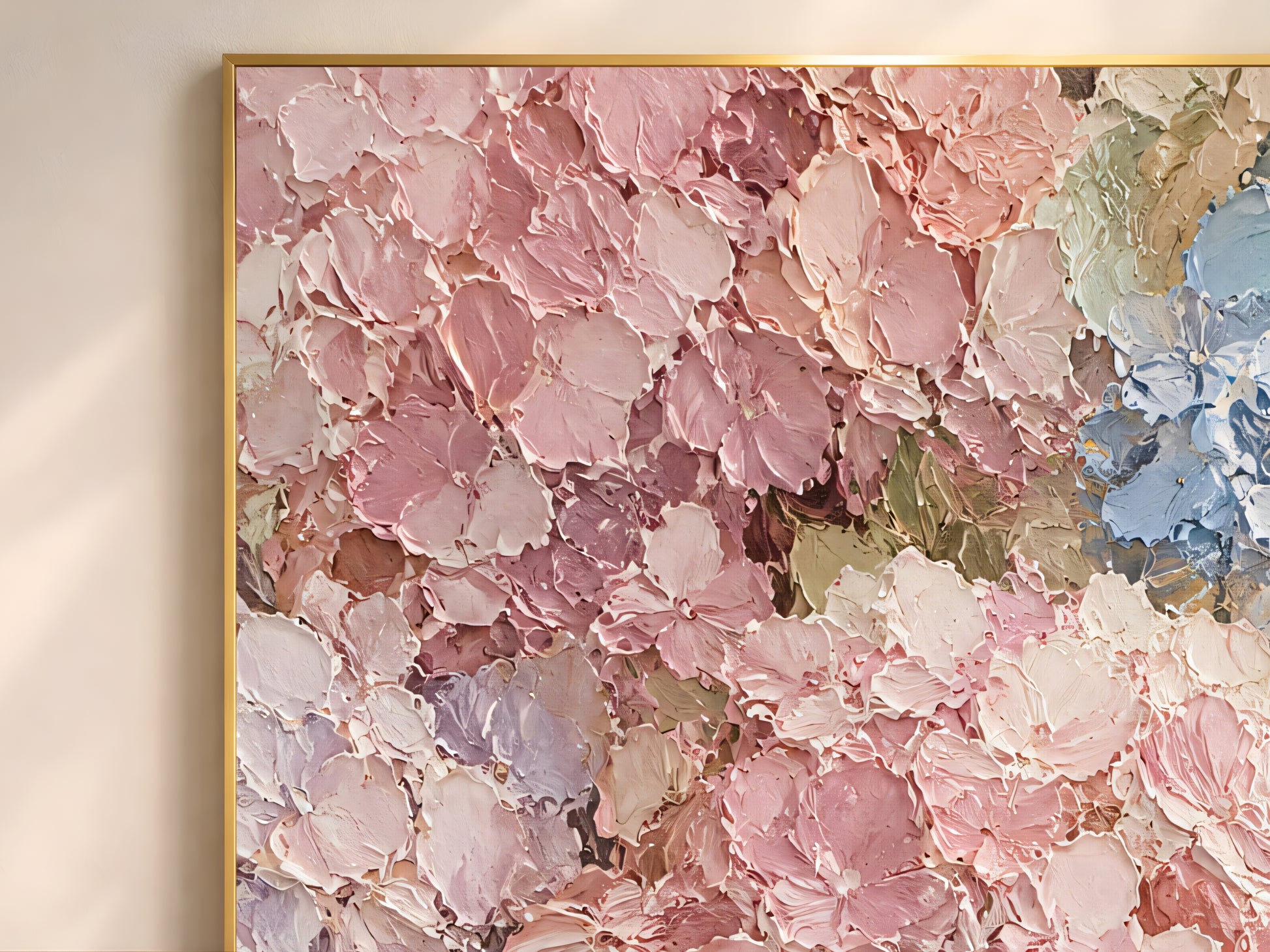 Close-up detail of pastel hydrangea impasto print showing pink and blush petals with heavy palette knife texture
