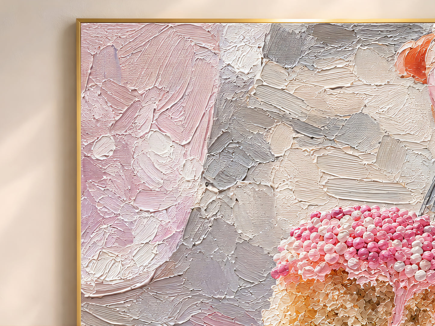 Close-up of pink dot cake impasto oil painting wall art print showing blush pink nonpareils and thick palette knife texture with diamond flower ring and falling sprinkles detail in a large gold frame
