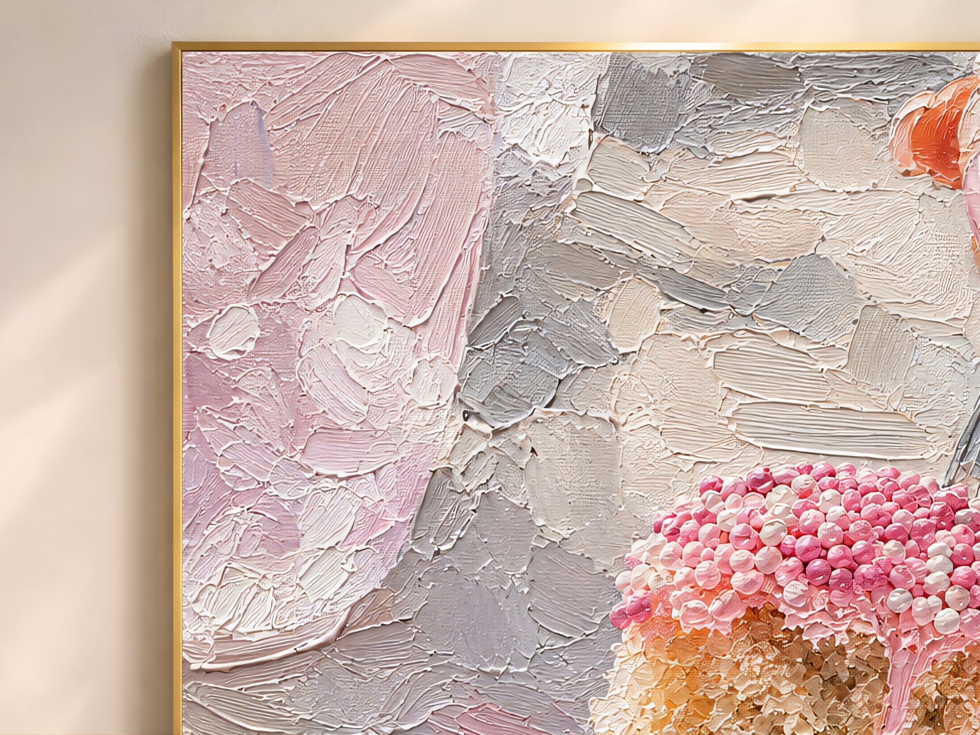 Close-up of pink dot cake impasto oil painting wall art print showing blush pink nonpareils and thick palette knife texture with diamond flower ring and falling sprinkles detail in a large gold frame
