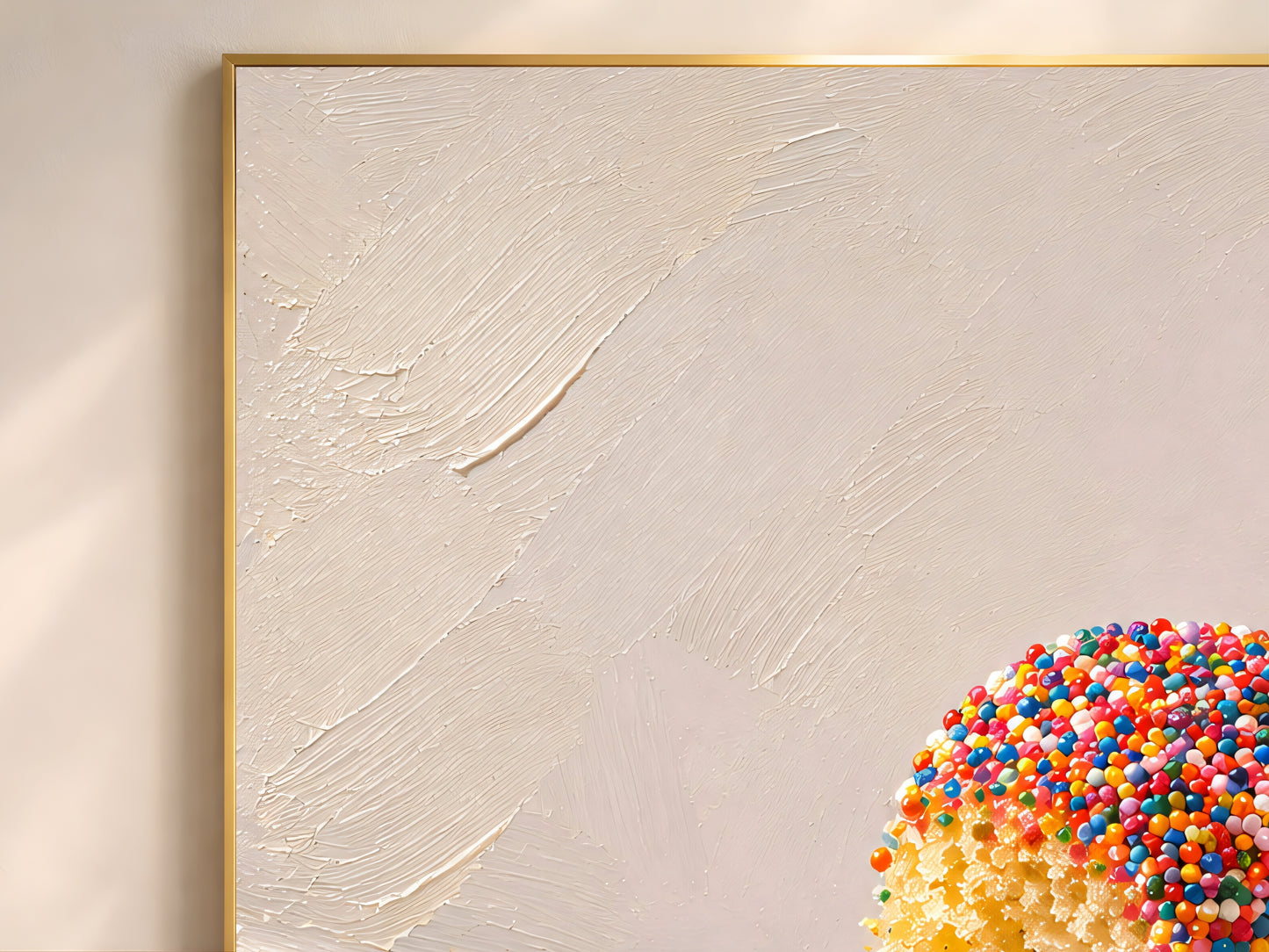 Close-up of viral dot cake wall art print showing rainbow nonpareils sprinkle dotcup with spoon mid-lift in a large gold frame on a warm textured wall
