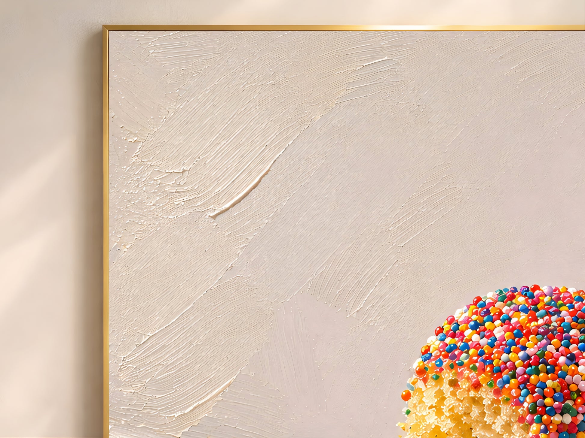 Close-up of viral dot cake wall art print showing rainbow nonpareils sprinkle dotcup with spoon mid-lift in a large gold frame on a warm textured wall
