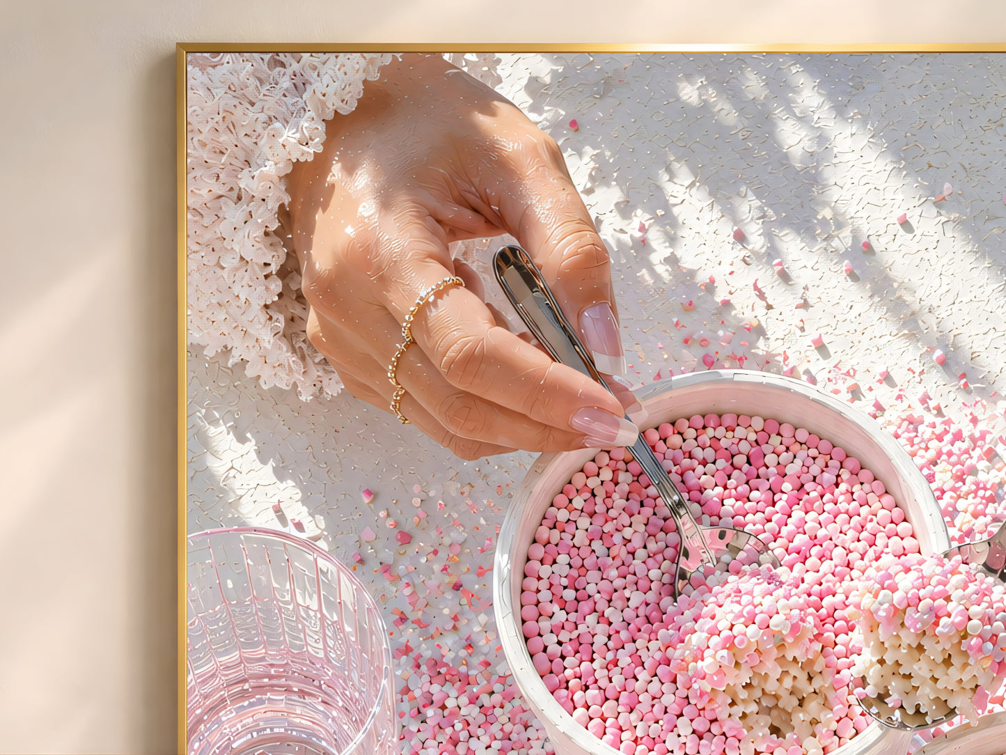 Close-up of pink coquette dot cake wall art print showing blush pink and white nonpareils sprinkle dotcups with diamond ring and manicured hands scattered pink sprinkles detail

